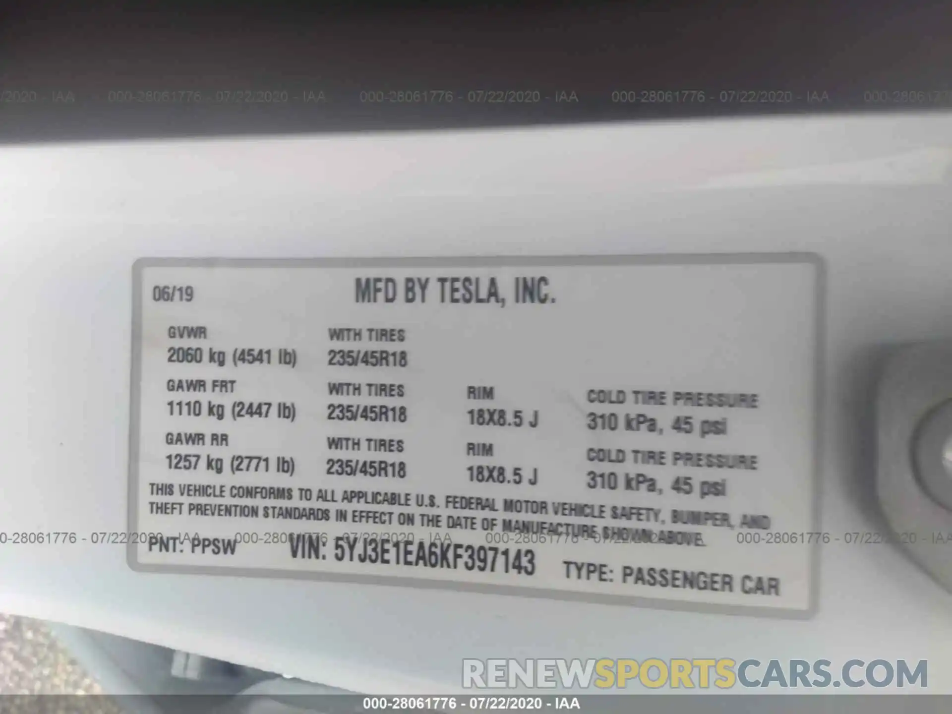 9 Photograph of a damaged car 5YJ3E1EA6KF397143 TESLA MODEL 3 2019