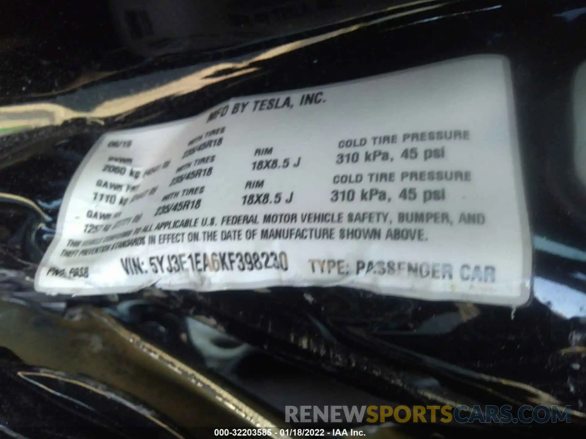 9 Photograph of a damaged car 5YJ3E1EA6KF398230 TESLA MODEL 3 2019