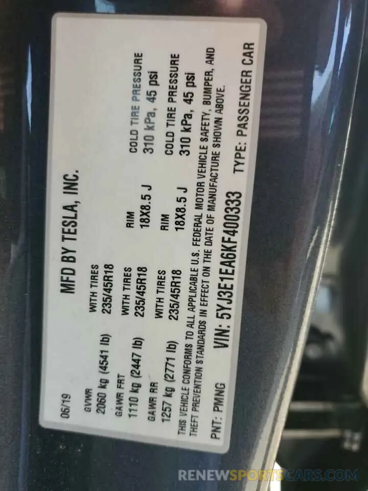 13 Photograph of a damaged car 5YJ3E1EA6KF400333 TESLA MODEL 3 2019