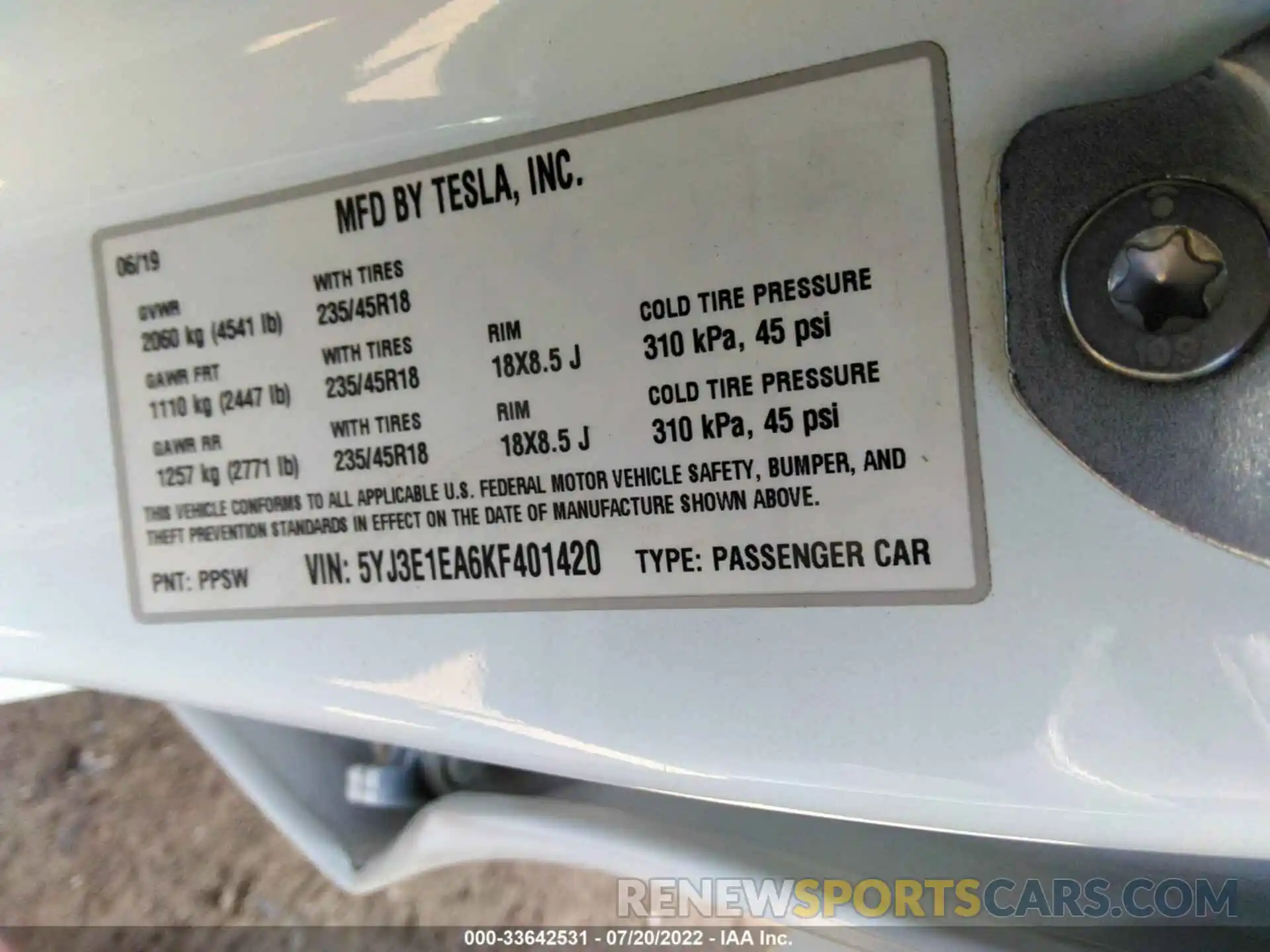 9 Photograph of a damaged car 5YJ3E1EA6KF401420 TESLA MODEL 3 2019