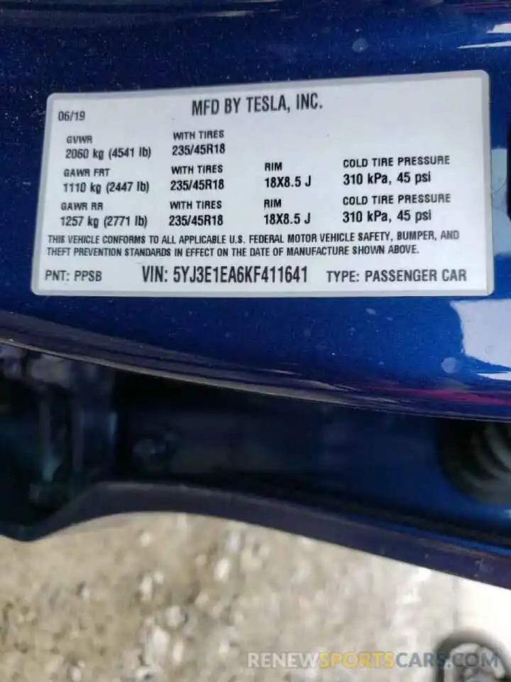 10 Photograph of a damaged car 5YJ3E1EA6KF411641 TESLA MODEL 3 2019