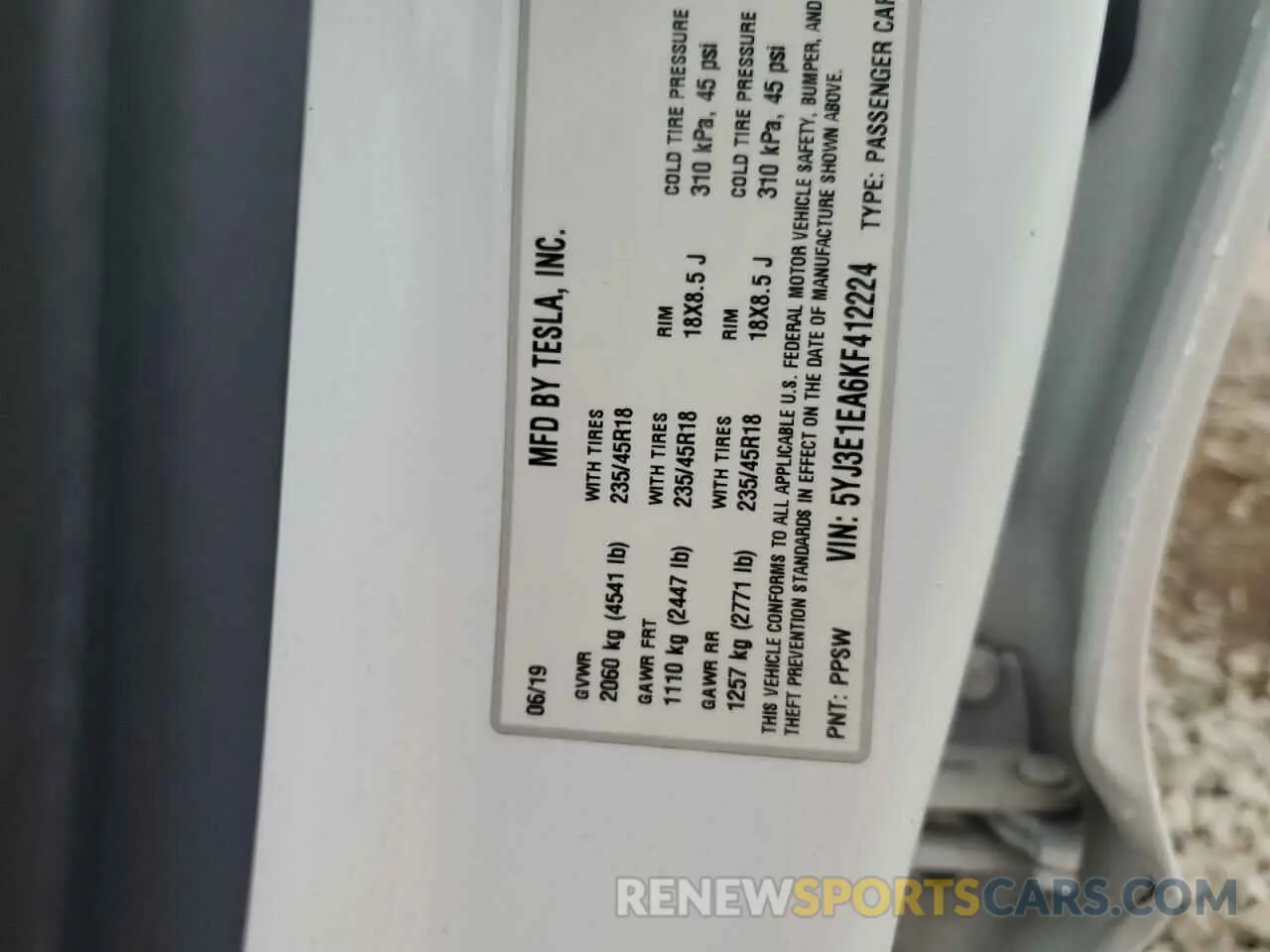 12 Photograph of a damaged car 5YJ3E1EA6KF412224 TESLA MODEL 3 2019