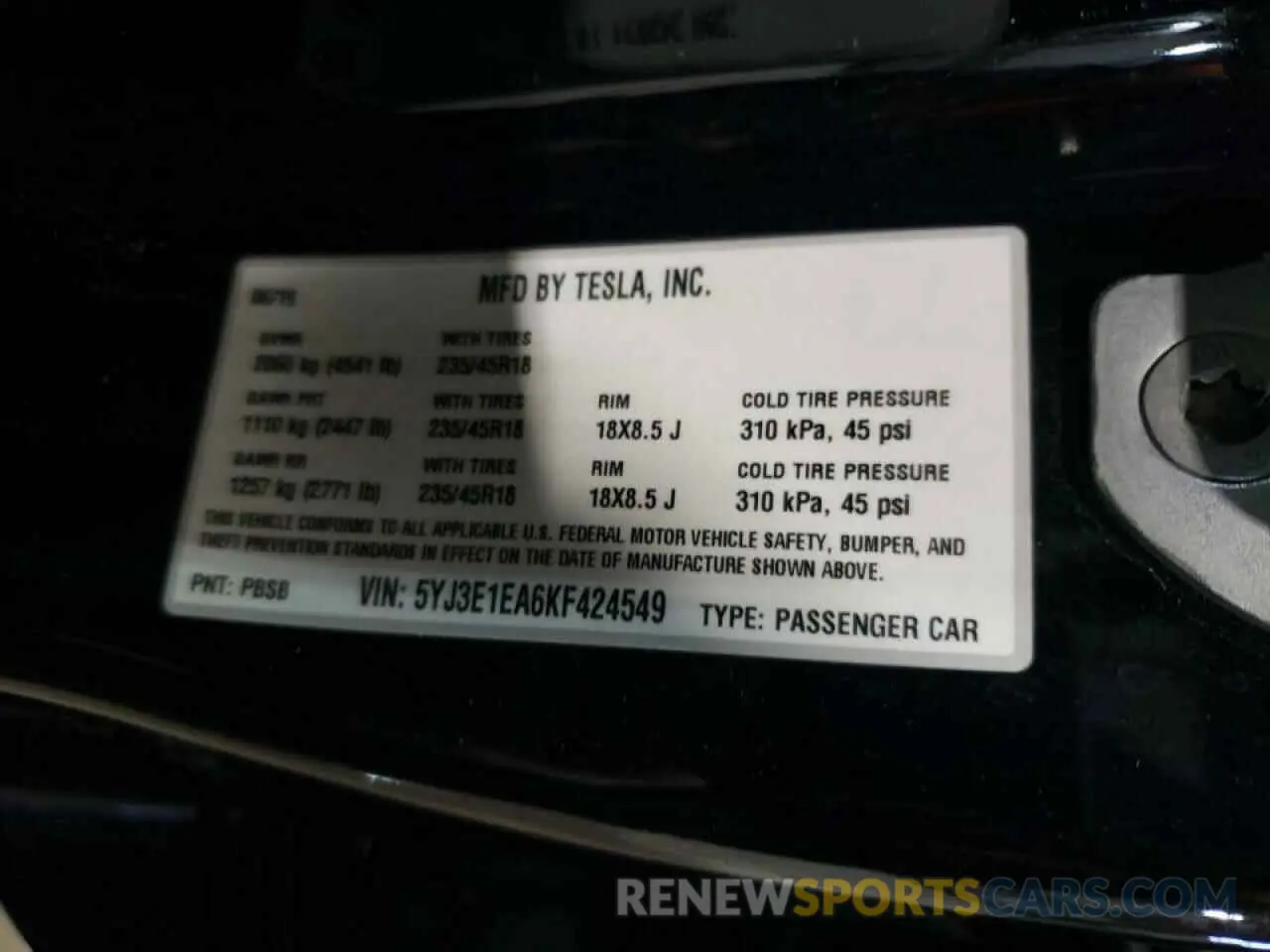15 Photograph of a damaged car 5YJ3E1EA6KF424549 TESLA MODEL 3 2019