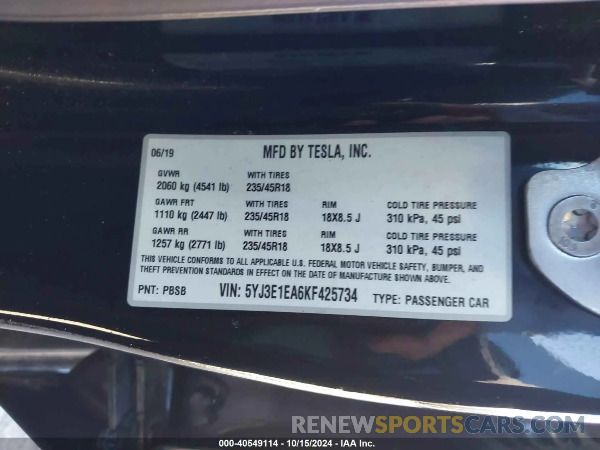 9 Photograph of a damaged car 5YJ3E1EA6KF425734 TESLA MODEL 3 2019