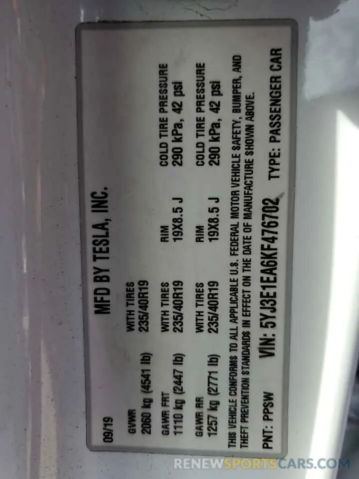 13 Photograph of a damaged car 5YJ3E1EA6KF476702 TESLA MODEL 3 2019