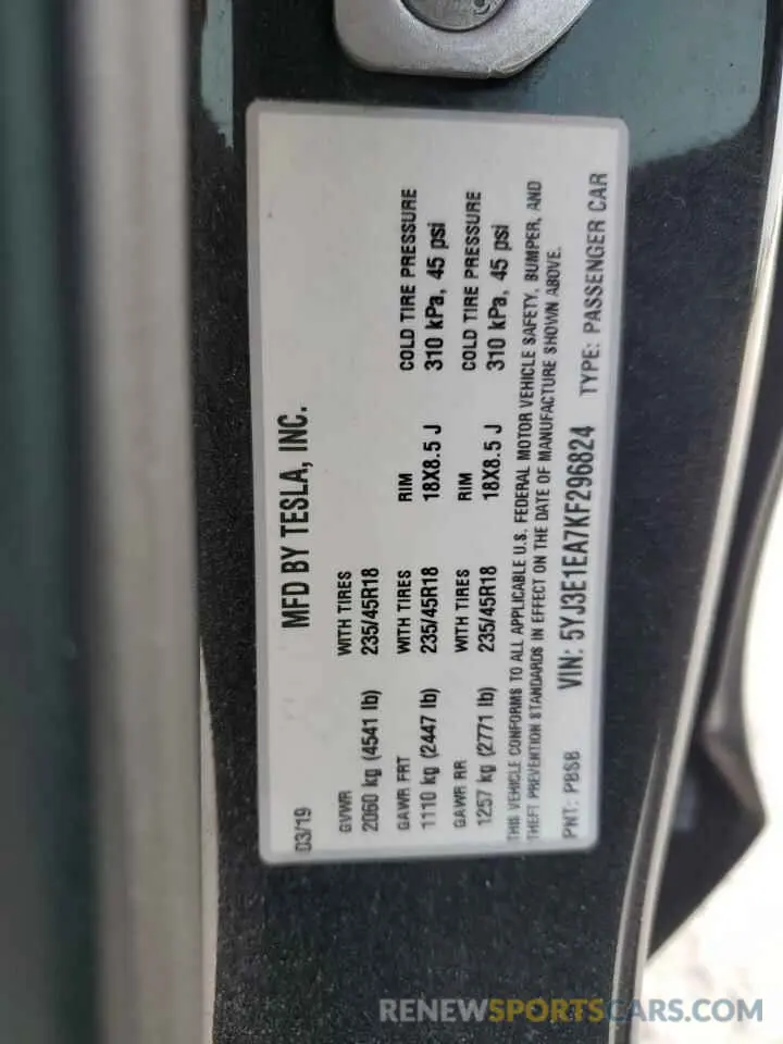 12 Photograph of a damaged car 5YJ3E1EA7KF296824 TESLA MODEL 3 2019