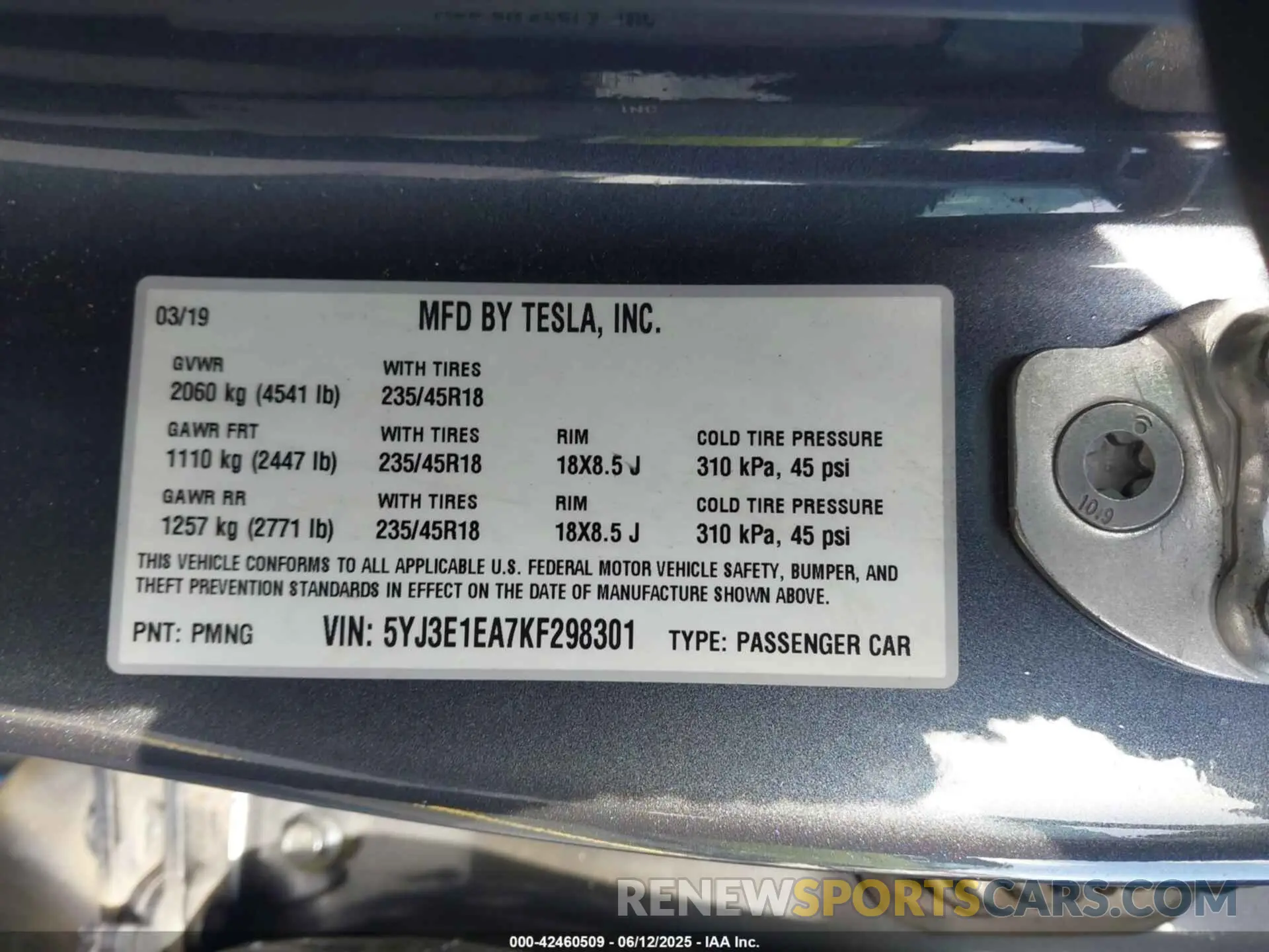 9 Photograph of a damaged car 5YJ3E1EA7KF298301 TESLA MODEL 3 2019