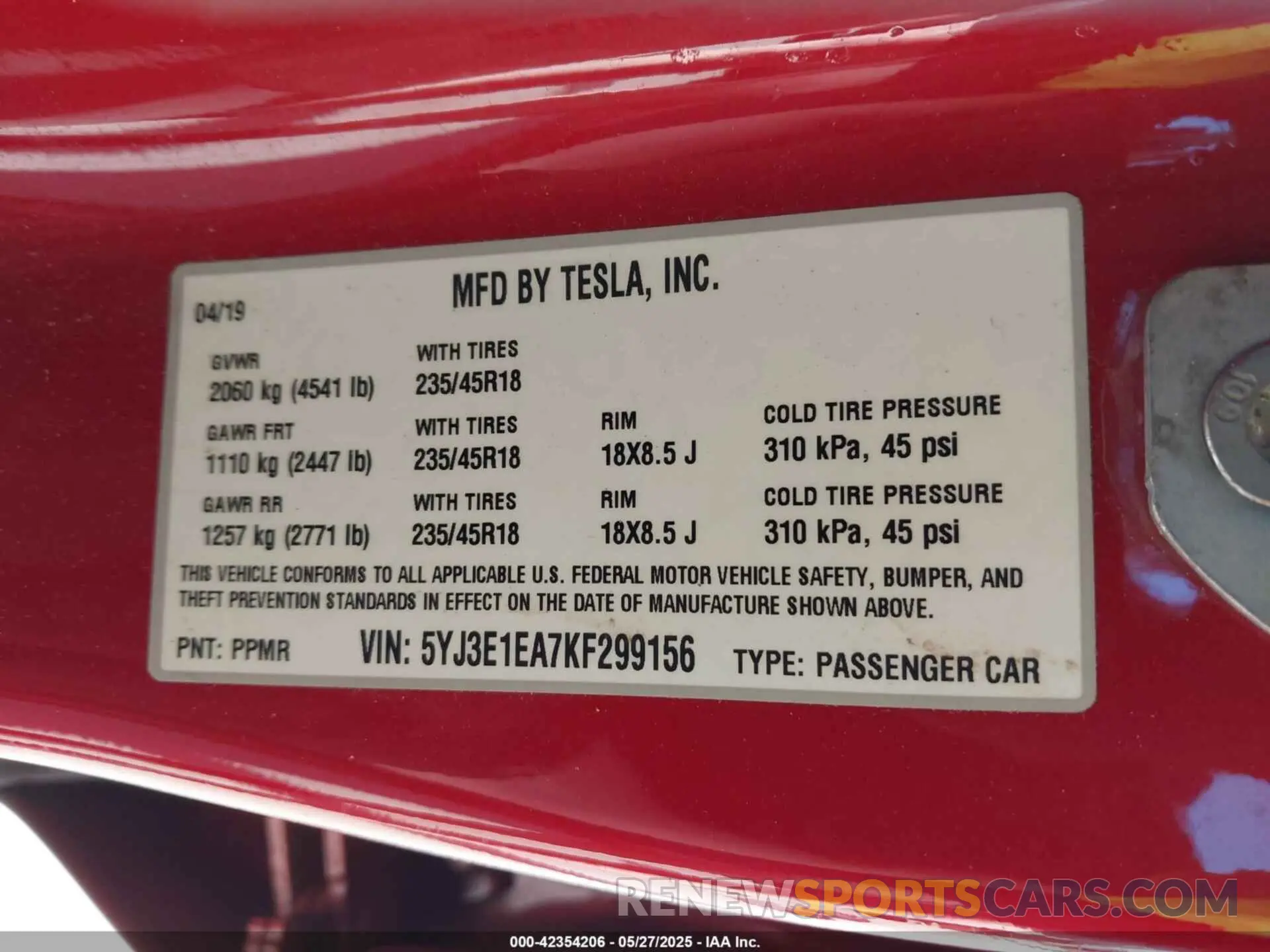 9 Photograph of a damaged car 5YJ3E1EA7KF299156 TESLA MODEL 3 2019