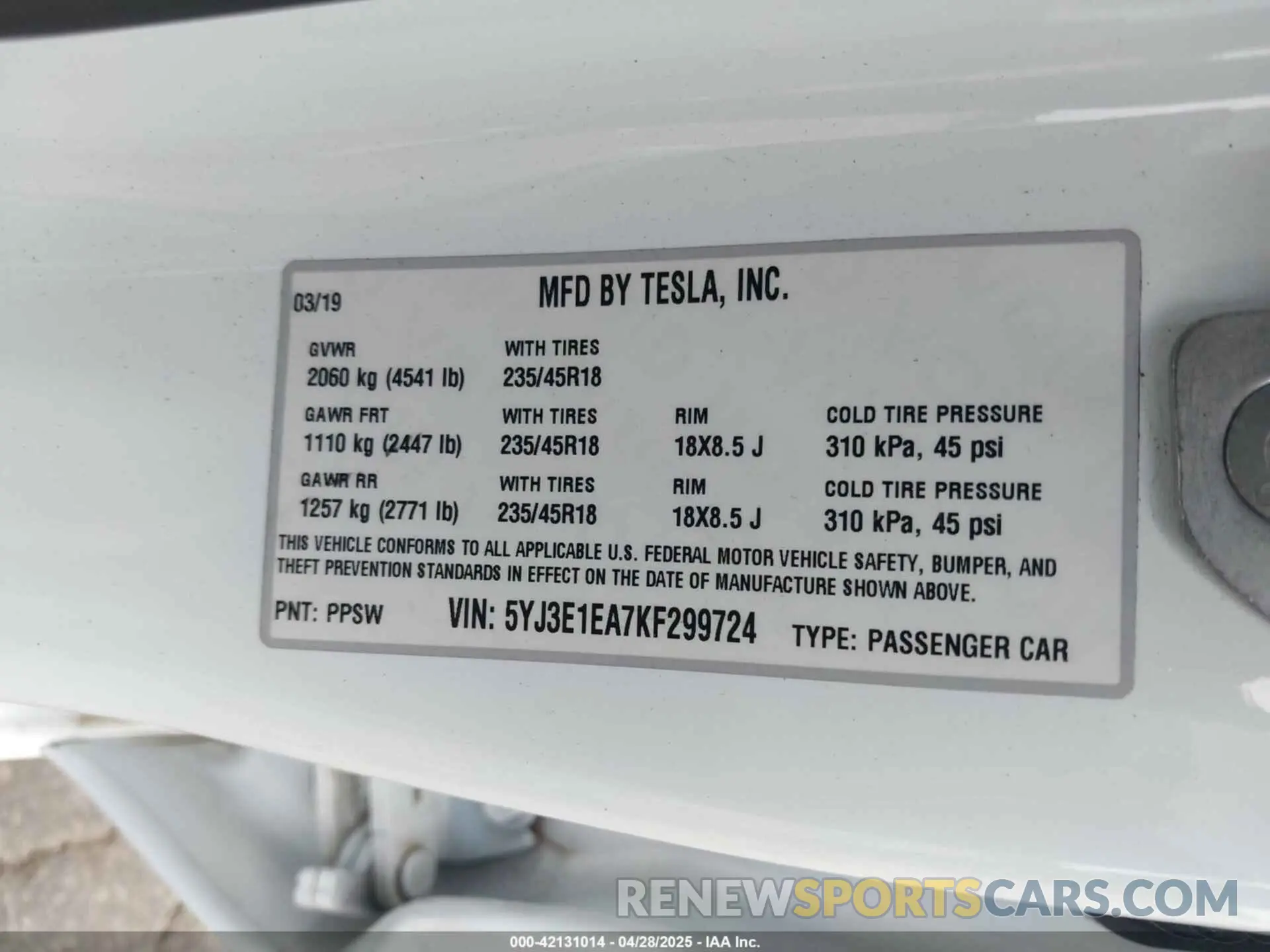 9 Photograph of a damaged car 5YJ3E1EA7KF299724 TESLA MODEL 3 2019