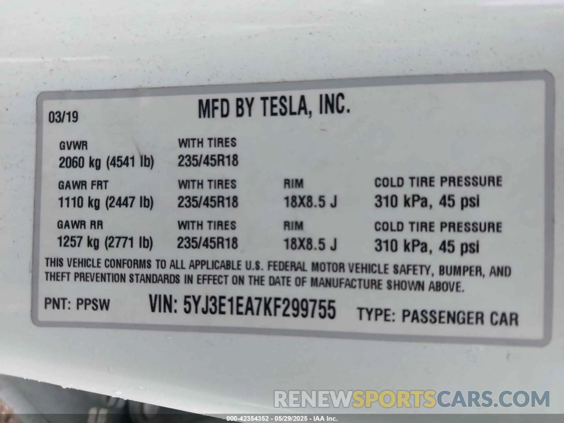 8 Photograph of a damaged car 5YJ3E1EA7KF299755 TESLA MODEL 3 2019
