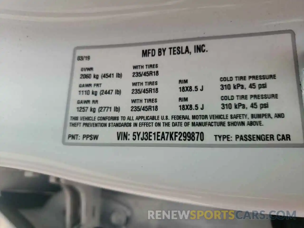 10 Photograph of a damaged car 5YJ3E1EA7KF299870 TESLA MODEL 3 2019