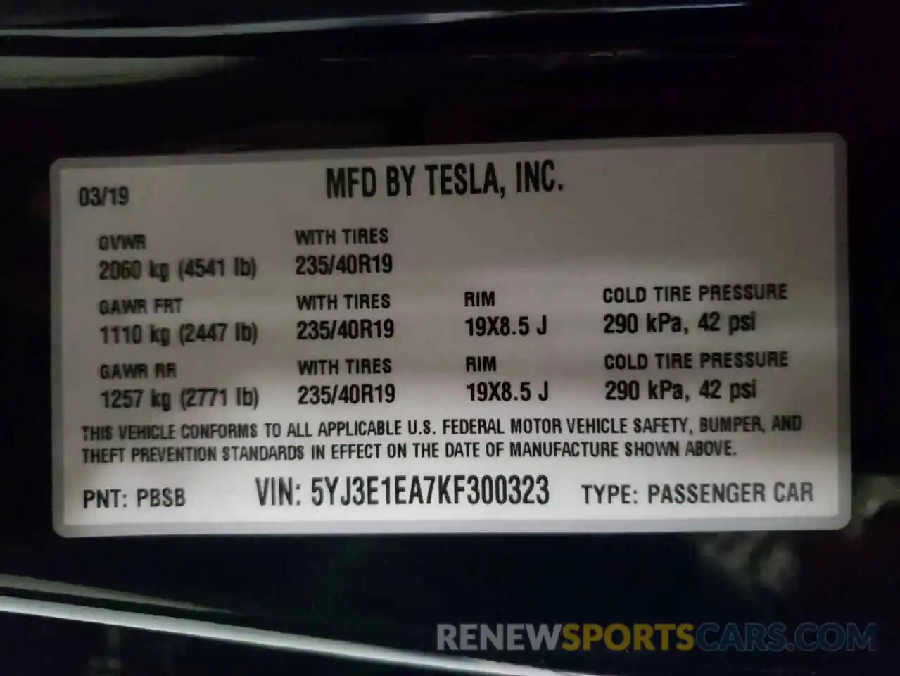 13 Photograph of a damaged car 5YJ3E1EA7KF300323 TESLA MODEL 3 2019