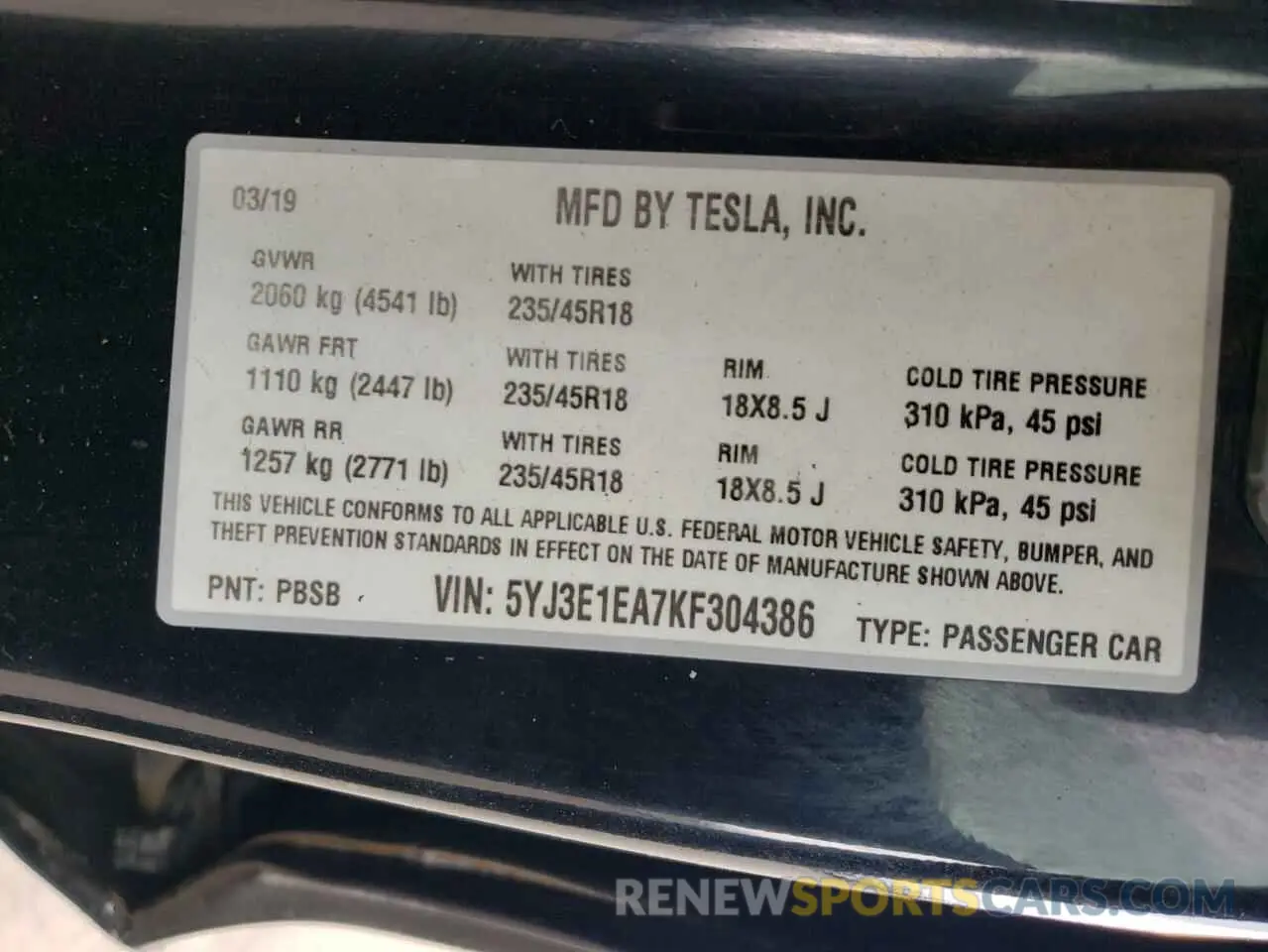 12 Photograph of a damaged car 5YJ3E1EA7KF304386 TESLA MODEL 3 2019