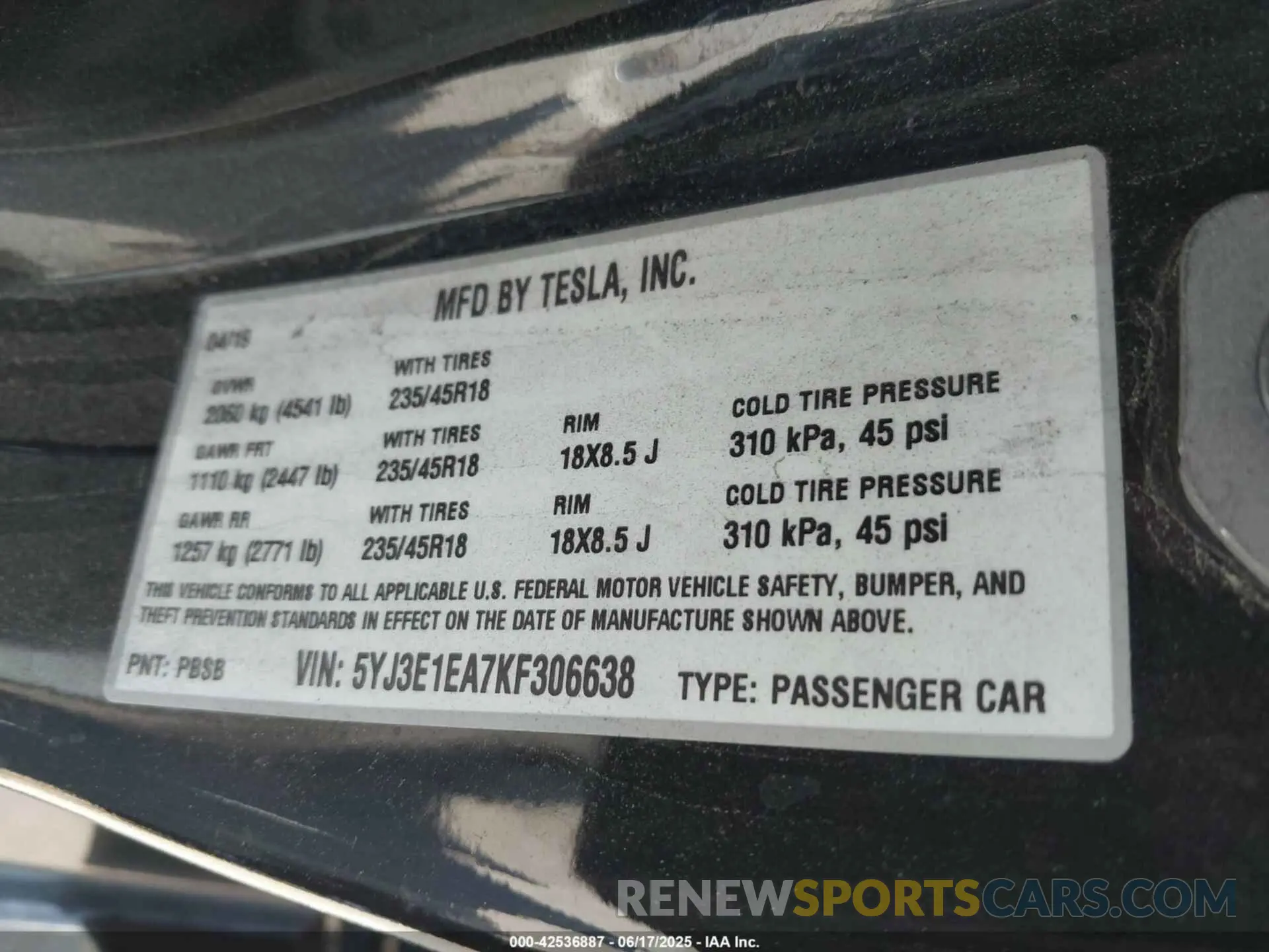 9 Photograph of a damaged car 5YJ3E1EA7KF306638 TESLA MODEL 3 2019