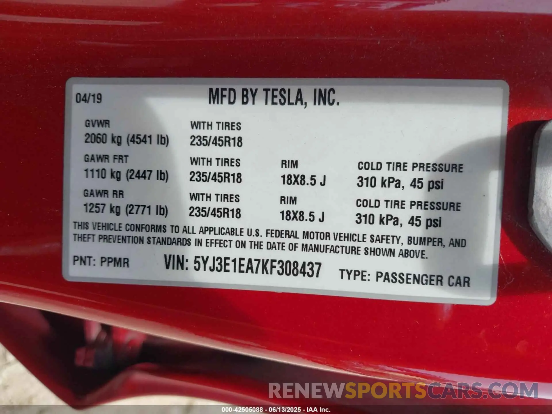 9 Photograph of a damaged car 5YJ3E1EA7KF308437 TESLA MODEL 3 2019