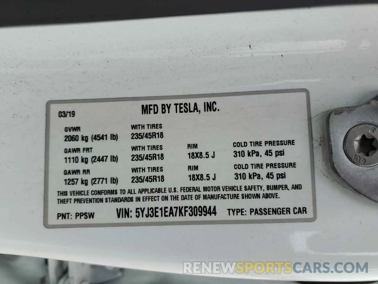 12 Photograph of a damaged car 5YJ3E1EA7KF309944 TESLA MODEL 3 2019