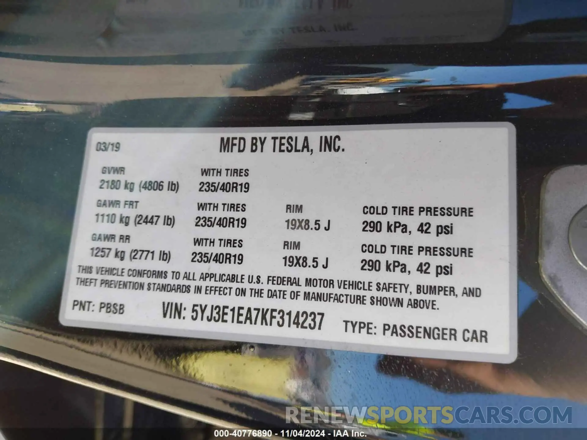 9 Photograph of a damaged car 5YJ3E1EA7KF314237 TESLA MODEL 3 2019