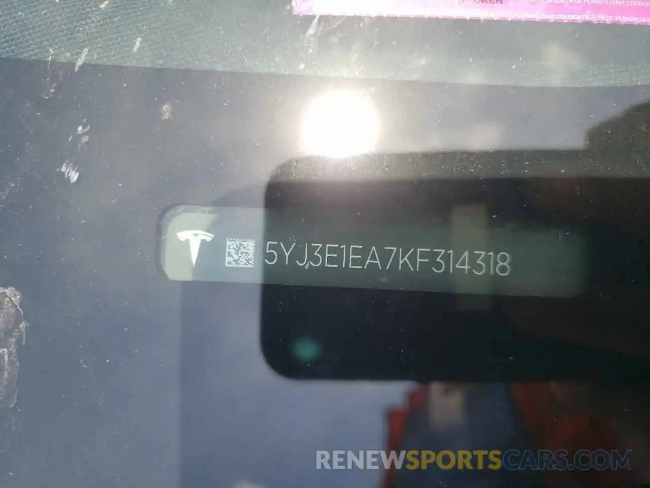 10 Photograph of a damaged car 5YJ3E1EA7KF314318 TESLA MODEL 3 2019