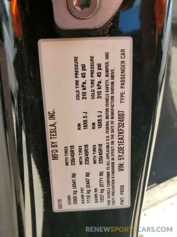 12 Photograph of a damaged car 5YJ3E1EA7KF324007 TESLA MODEL 3 2019