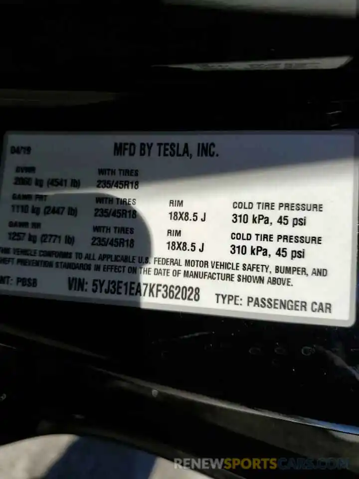 10 Photograph of a damaged car 5YJ3E1EA7KF362028 TESLA MODEL 3 2019