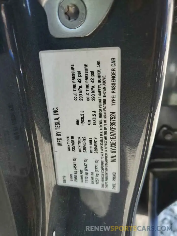 14 Photograph of a damaged car 5YJ3E1EA7KF397524 TESLA MODEL 3 2019