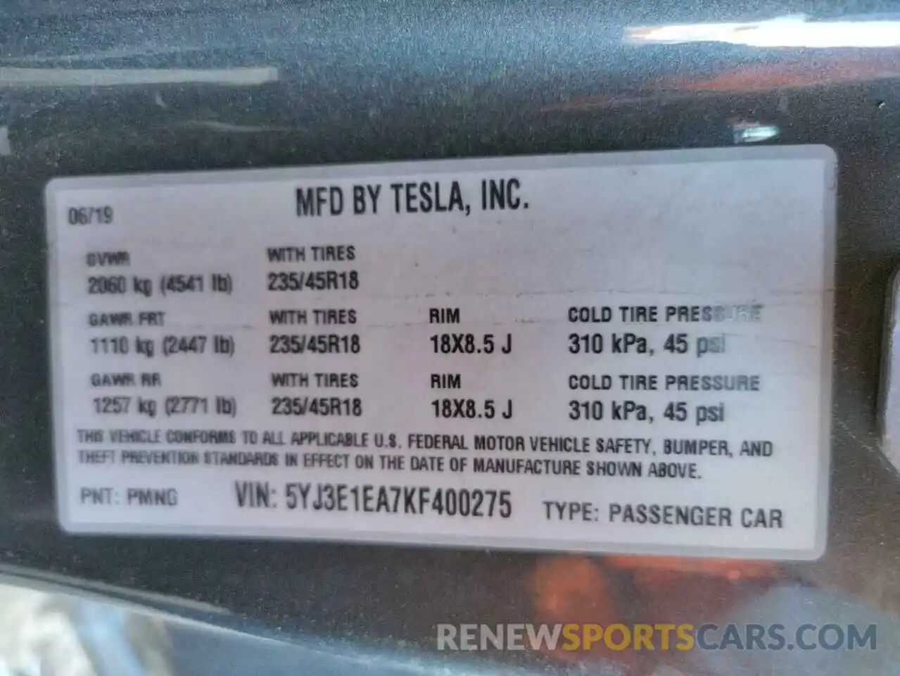 10 Photograph of a damaged car 5YJ3E1EA7KF400275 TESLA MODEL 3 2019