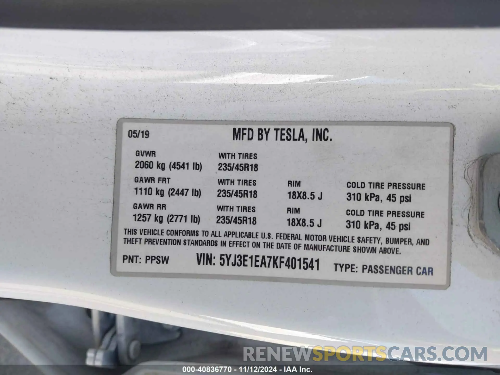 9 Photograph of a damaged car 5YJ3E1EA7KF401541 TESLA MODEL 3 2019