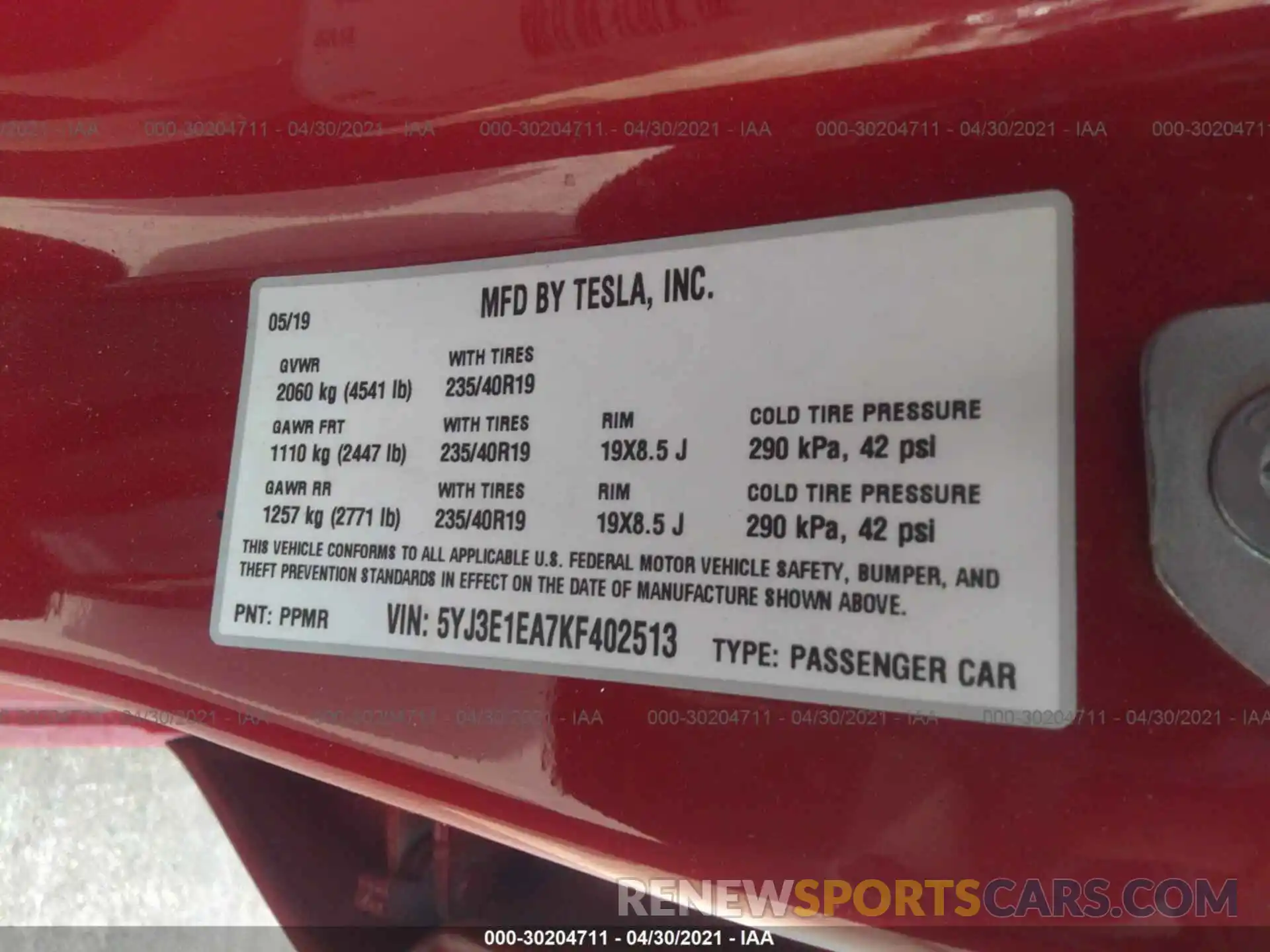 9 Photograph of a damaged car 5YJ3E1EA7KF402513 TESLA MODEL 3 2019