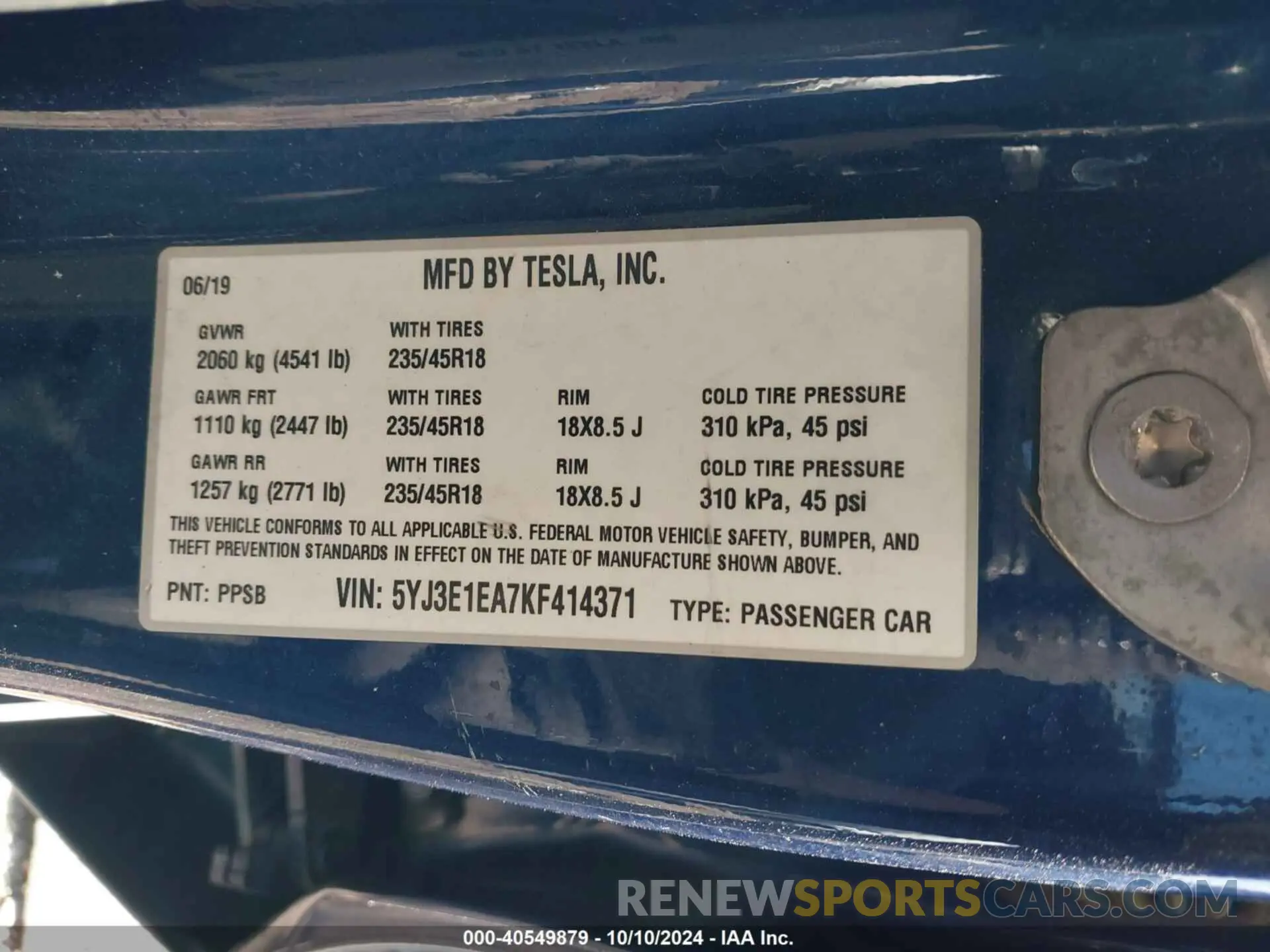 9 Photograph of a damaged car 5YJ3E1EA7KF414371 TESLA MODEL 3 2019