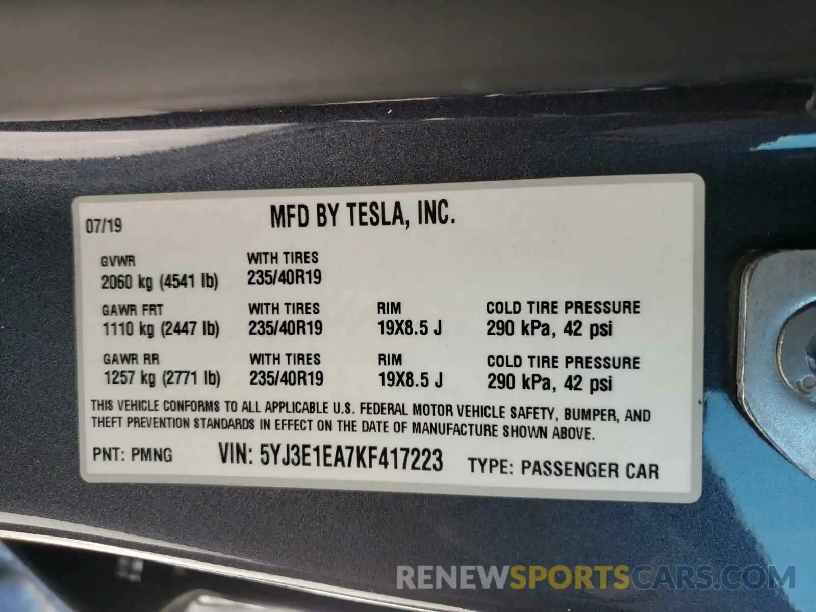 10 Photograph of a damaged car 5YJ3E1EA7KF417223 TESLA MODEL 3 2019