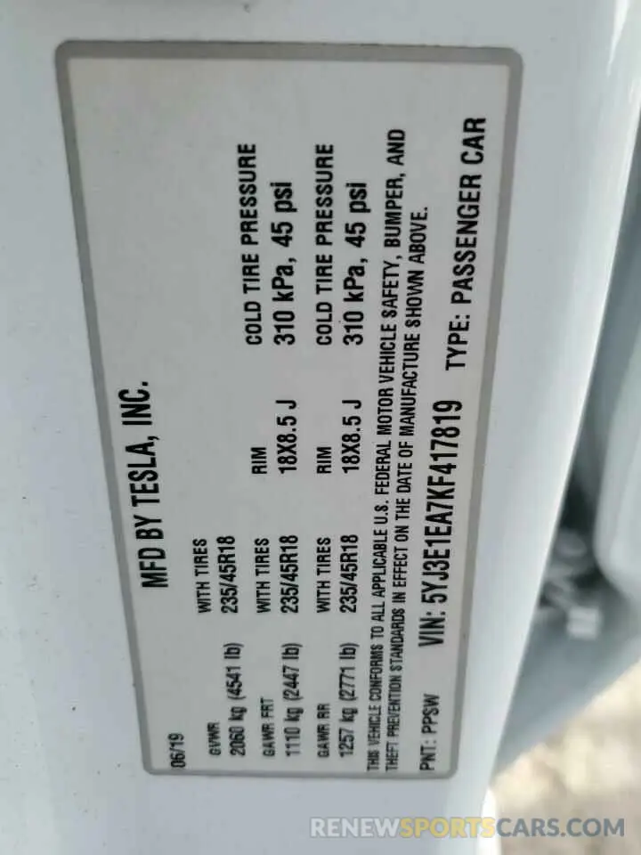 12 Photograph of a damaged car 5YJ3E1EA7KF417819 TESLA MODEL 3 2019