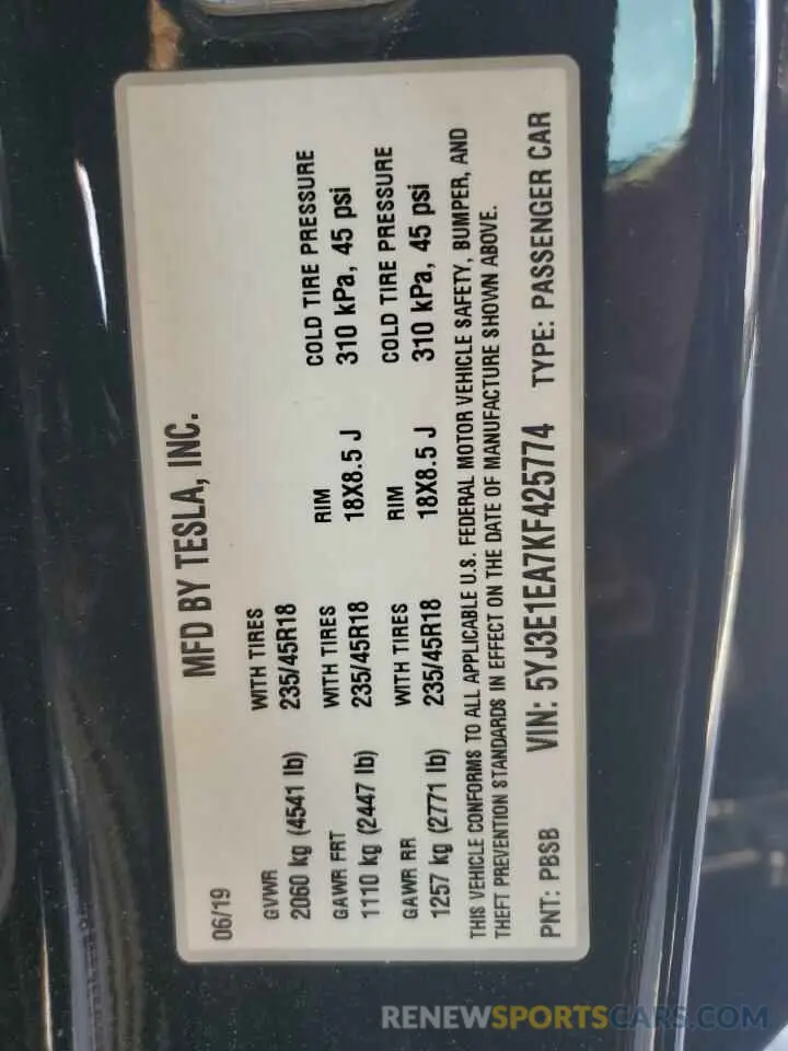 12 Photograph of a damaged car 5YJ3E1EA7KF425774 TESLA MODEL 3 2019