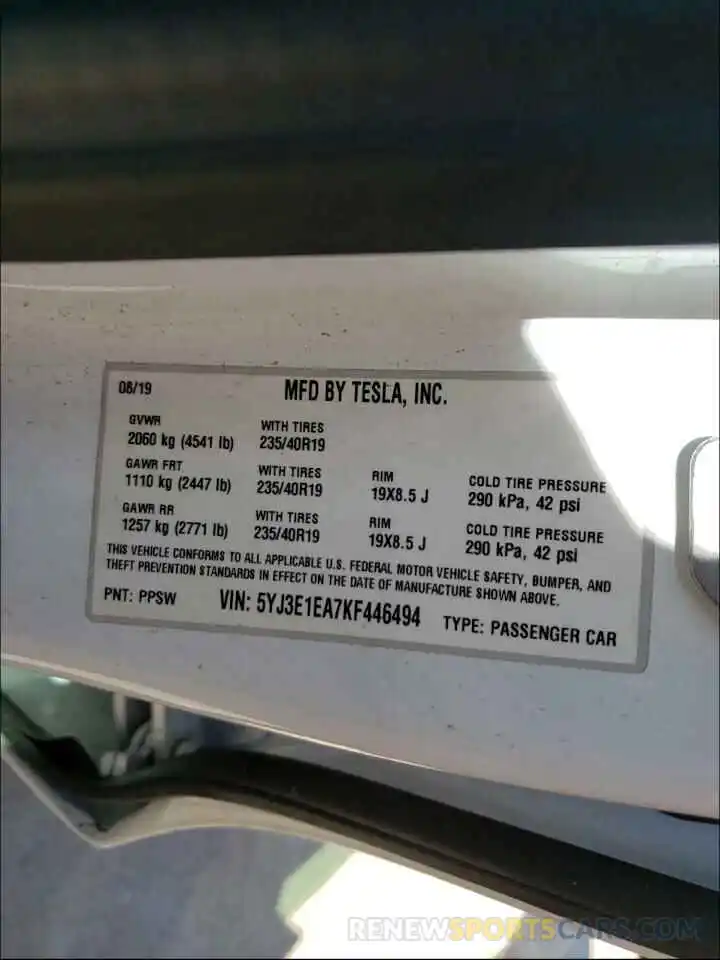 10 Photograph of a damaged car 5YJ3E1EA7KF446494 TESLA MODEL 3 2019