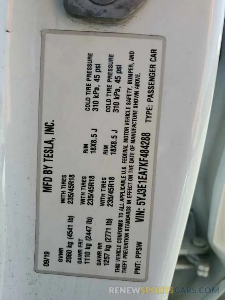 12 Photograph of a damaged car 5YJ3E1EA7KF484288 TESLA MODEL 3 2019