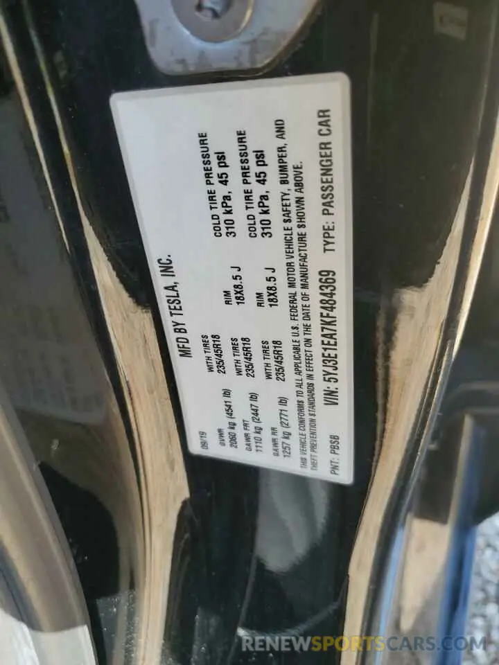 15 Photograph of a damaged car 5YJ3E1EA7KF484369 TESLA MODEL 3 2019