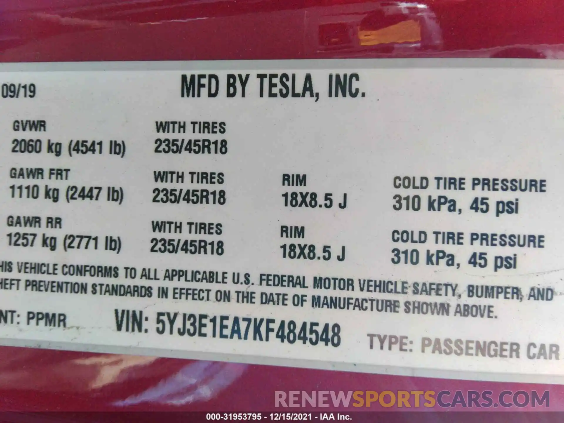 9 Photograph of a damaged car 5YJ3E1EA7KF484548 TESLA MODEL 3 2019