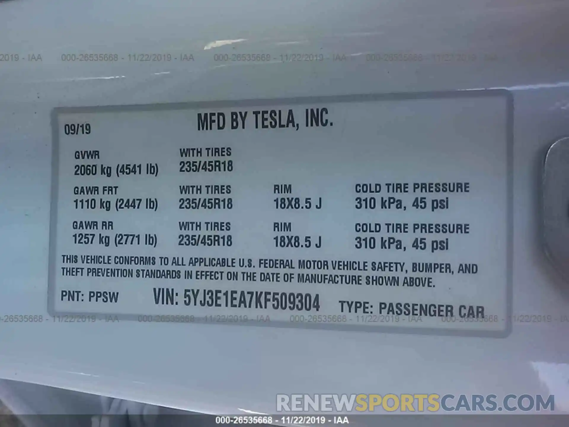 9 Photograph of a damaged car 5YJ3E1EA7KF509304 TESLA MODEL 3 2019