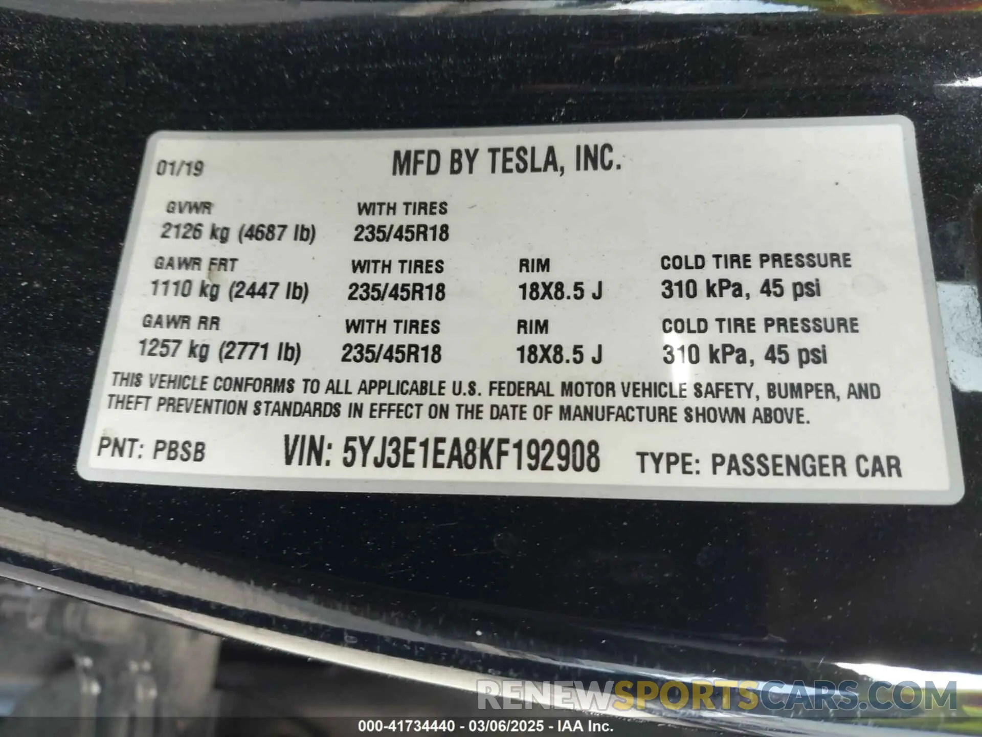9 Photograph of a damaged car 5YJ3E1EA8KF192908 TESLA MODEL 3 2019