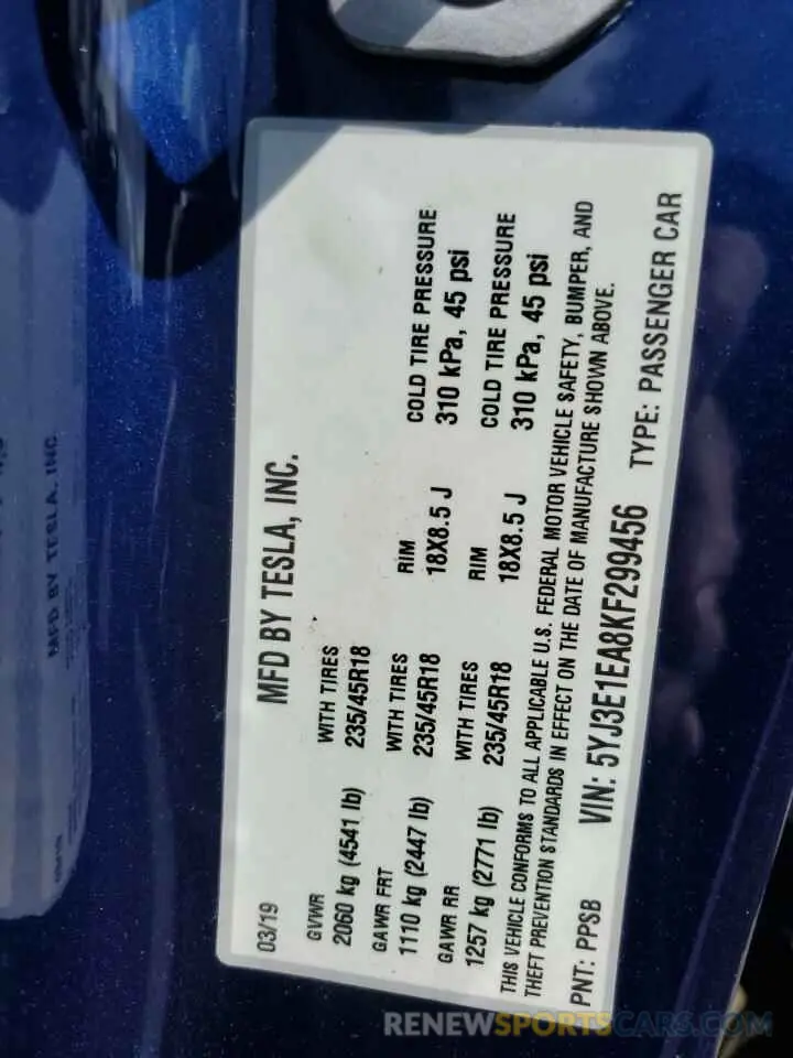 14 Photograph of a damaged car 5YJ3E1EA8KF299456 TESLA MODEL 3 2019