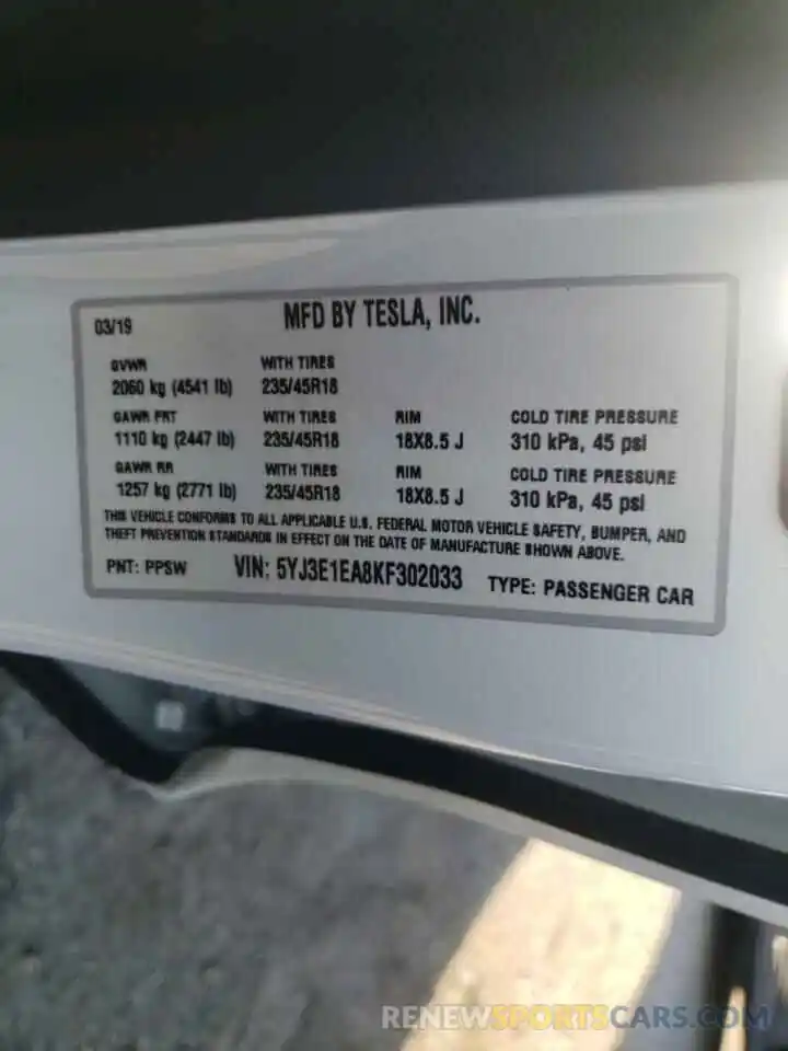 10 Photograph of a damaged car 5YJ3E1EA8KF302033 TESLA MODEL 3 2019