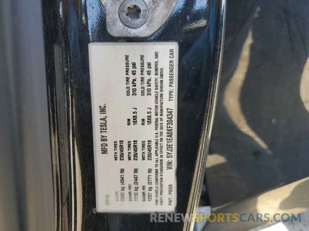 12 Photograph of a damaged car 5YJ3E1EA8KF304347 TESLA MODEL 3 2019