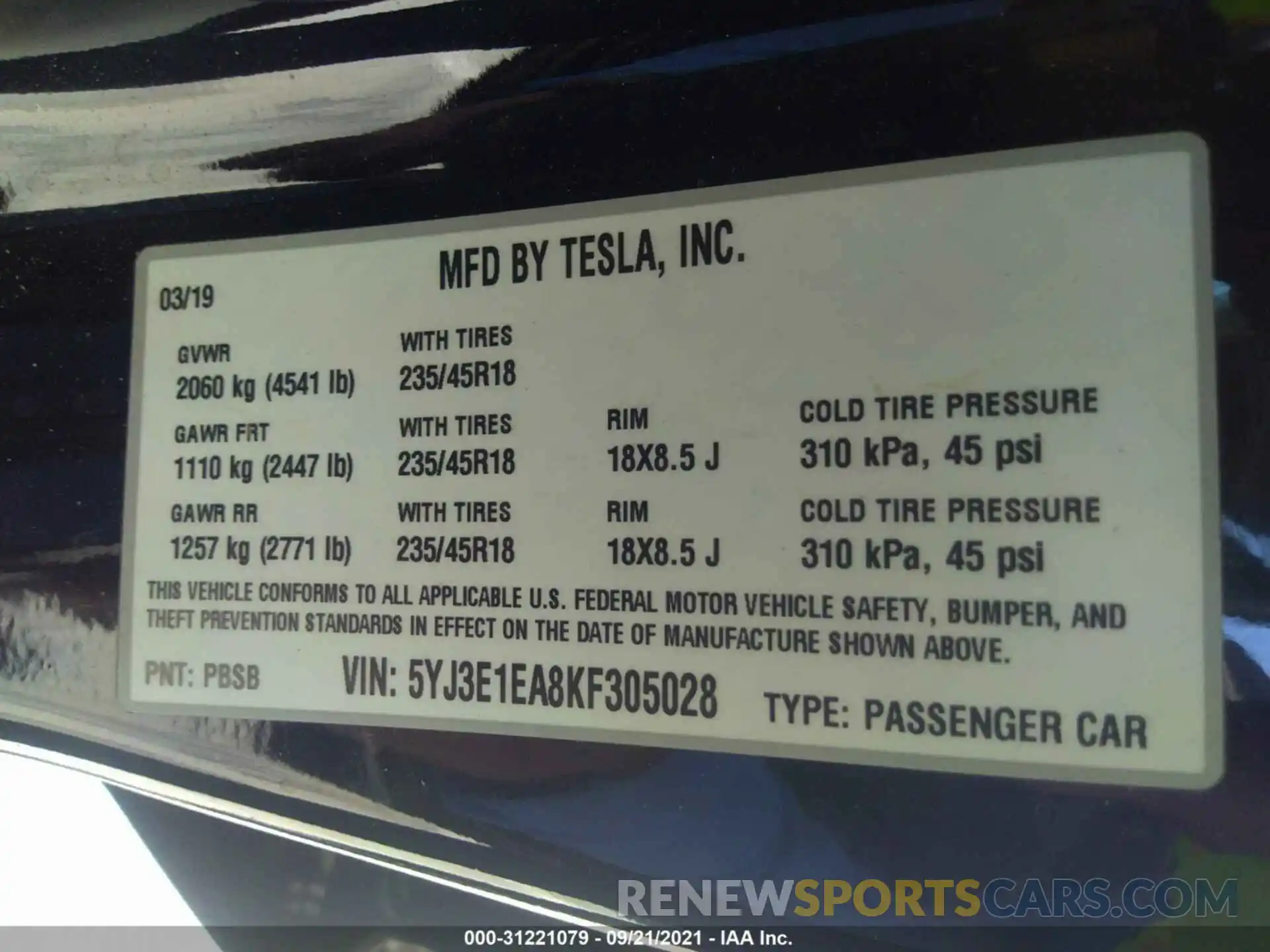 9 Photograph of a damaged car 5YJ3E1EA8KF305028 TESLA MODEL 3 2019