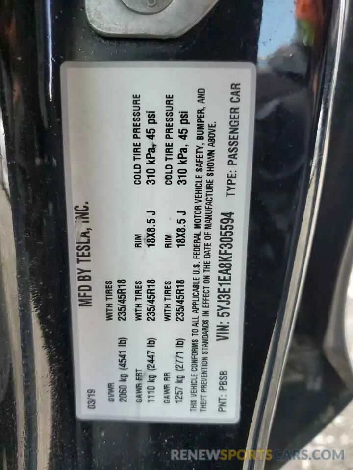 12 Photograph of a damaged car 5YJ3E1EA8KF305594 TESLA MODEL 3 2019