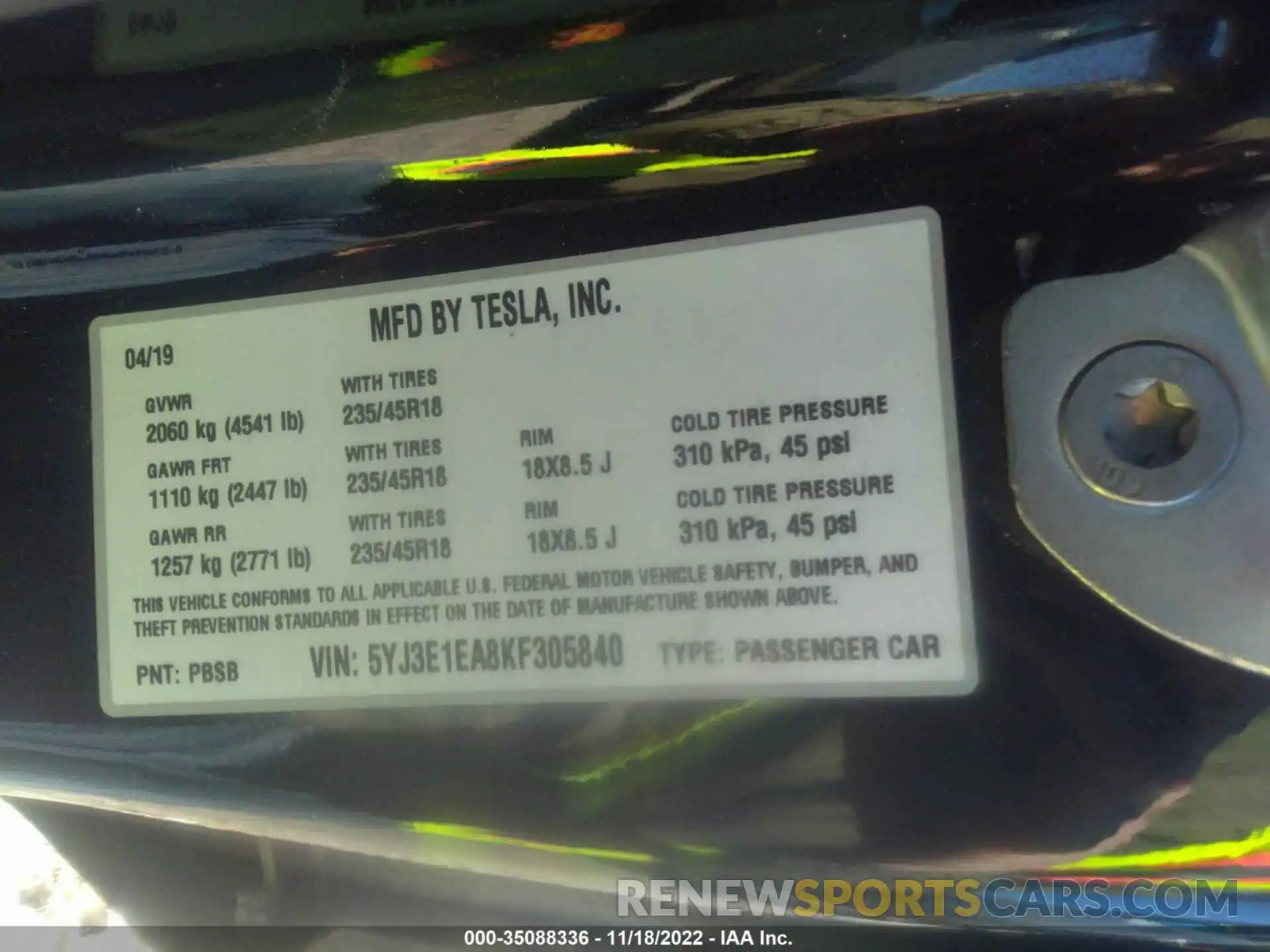 9 Photograph of a damaged car 5YJ3E1EA8KF305840 TESLA MODEL 3 2019