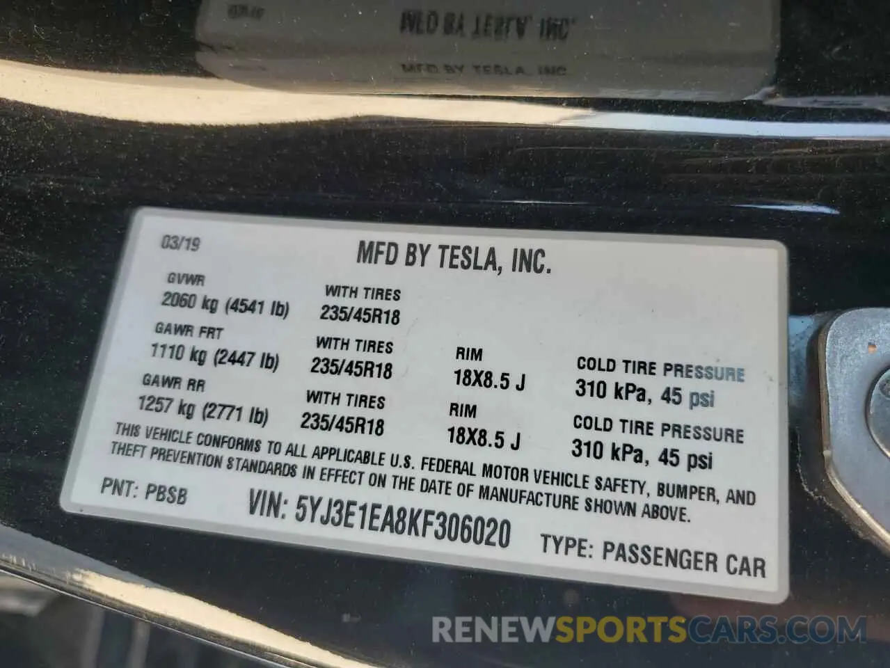 13 Photograph of a damaged car 5YJ3E1EA8KF306020 TESLA MODEL 3 2019