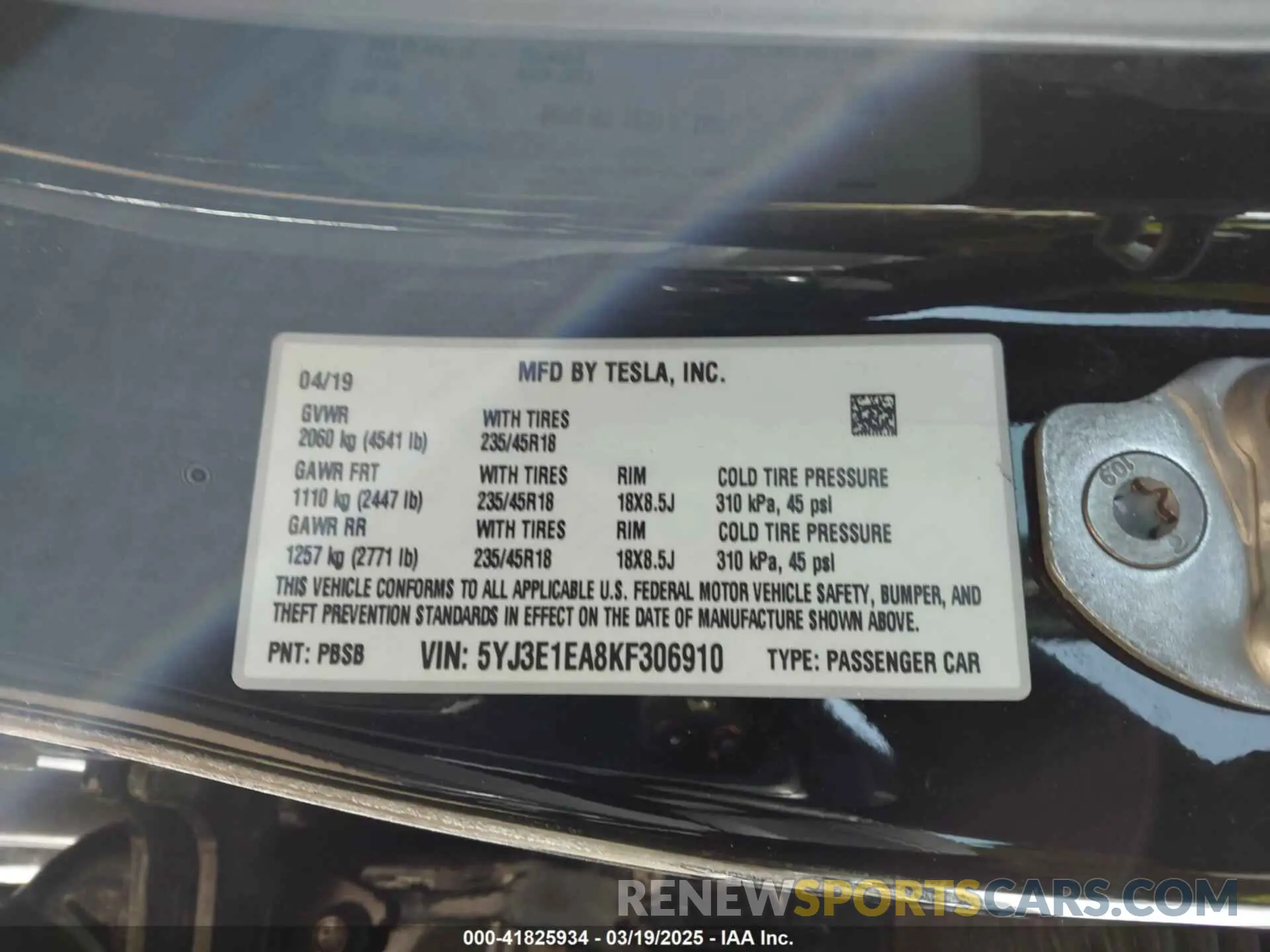 9 Photograph of a damaged car 5YJ3E1EA8KF306910 TESLA MODEL 3 2019