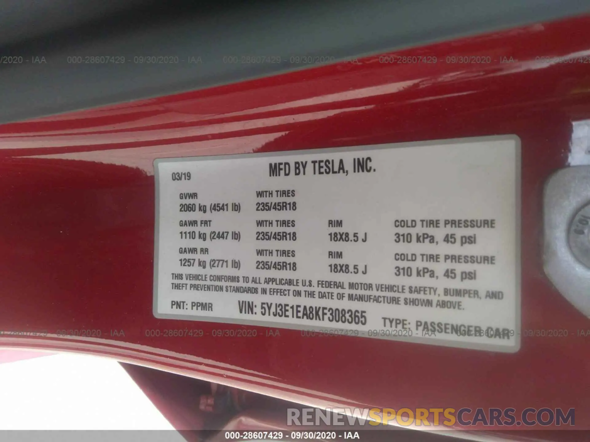 9 Photograph of a damaged car 5YJ3E1EA8KF308365 TESLA MODEL 3 2019