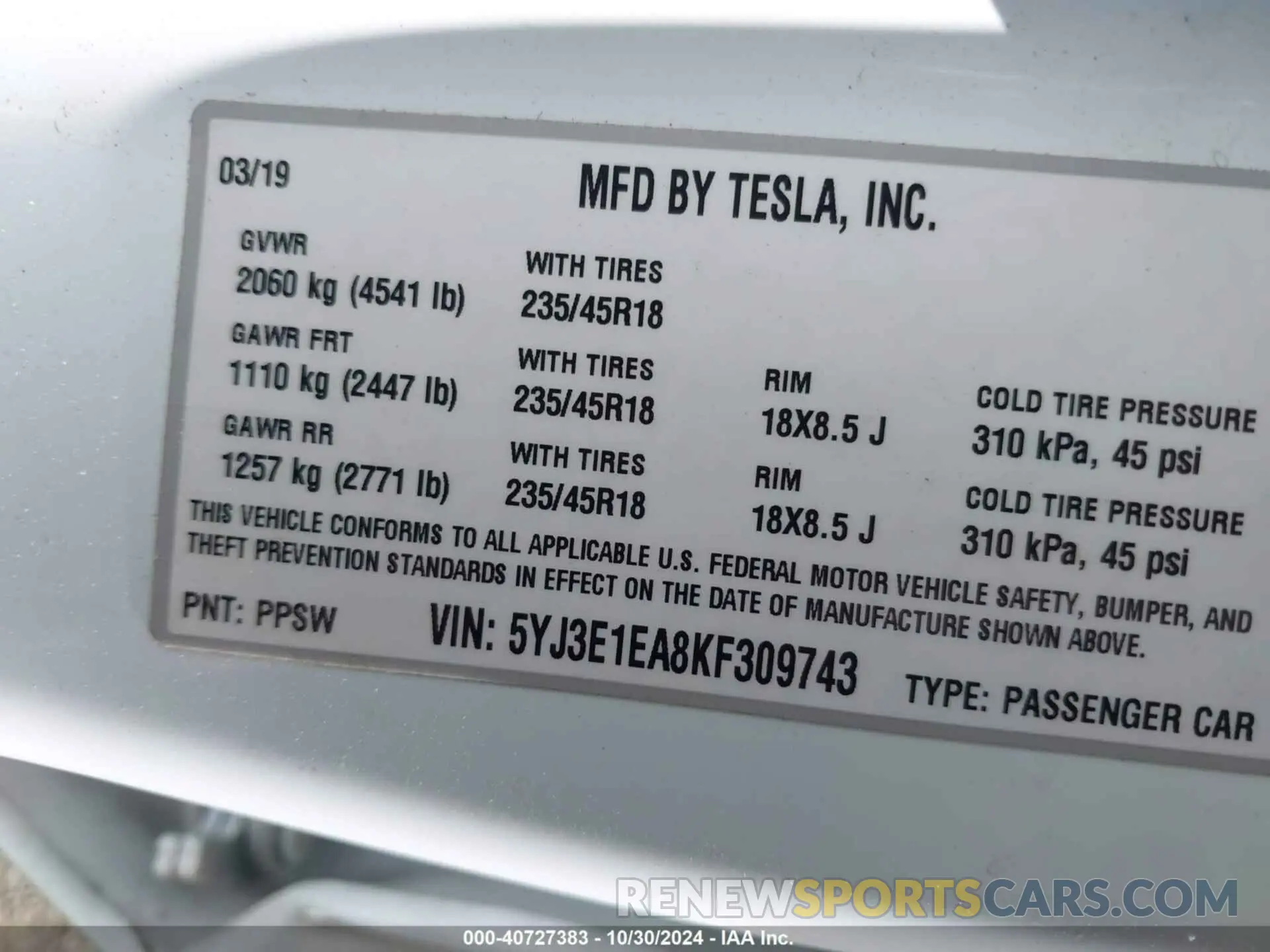 9 Photograph of a damaged car 5YJ3E1EA8KF309743 TESLA MODEL 3 2019