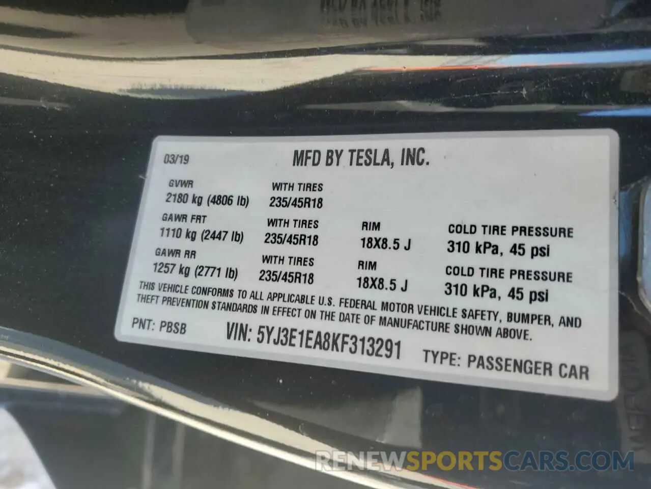 12 Photograph of a damaged car 5YJ3E1EA8KF313291 TESLA MODEL 3 2019