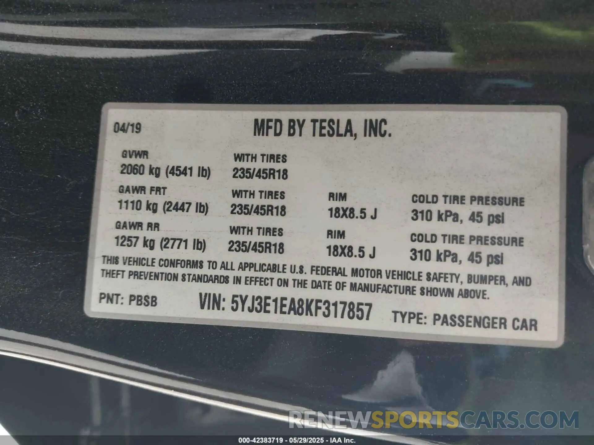 9 Photograph of a damaged car 5YJ3E1EA8KF317857 TESLA MODEL 3 2019
